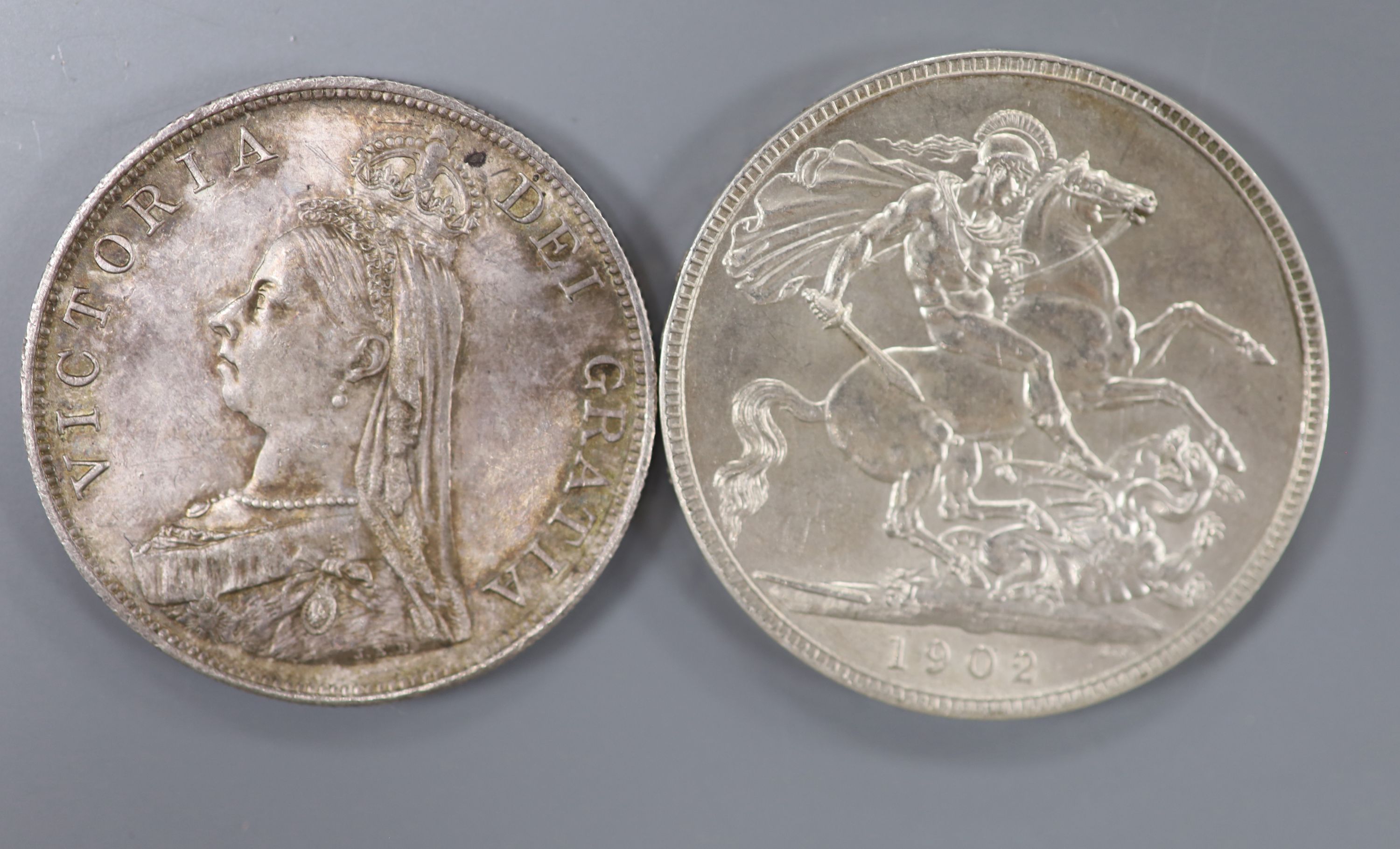 An Edward VII silver crown, 1920 lightly cleaned? otherwise EF and a Victorian silver crown 1890, NEF